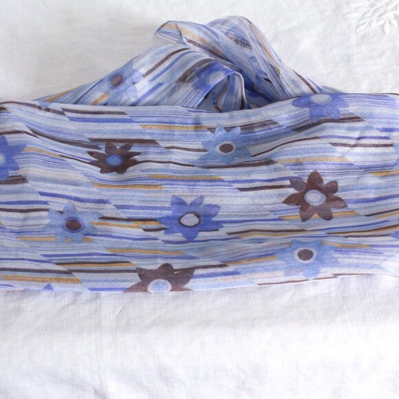 Vintage Floral Scarf, Purple Periwinkle Blue and Brown, Small Square Sca… - Picture 5 of 7